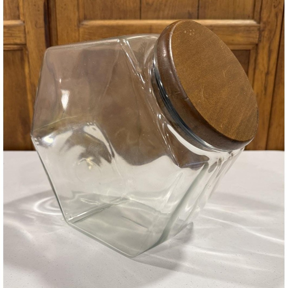 Large Vintage Glass Storage Jar Hexagon Merchant Canister W/ Wood Lid